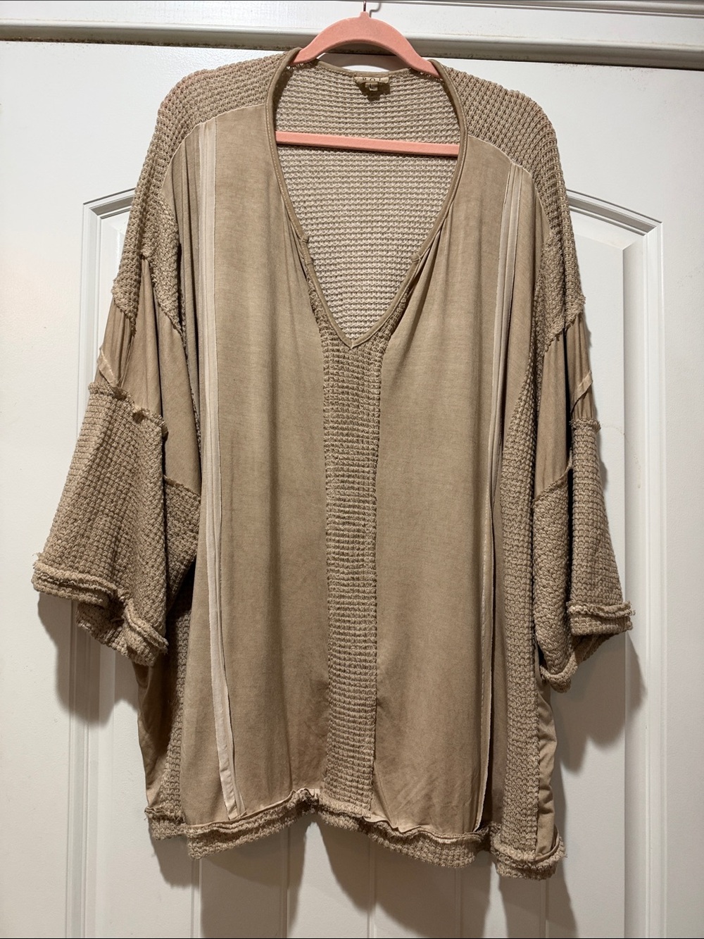 POL Taupe Mixed-Knit V-Neck Tunic